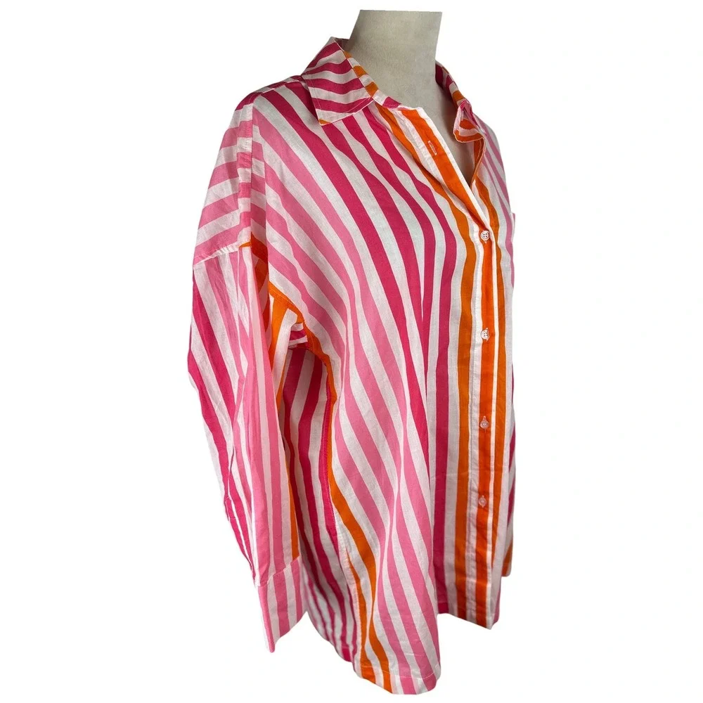 Beach Riot Pink Orange Striped Oversized Cotton Button Down‎ Shirt Womens L/XL